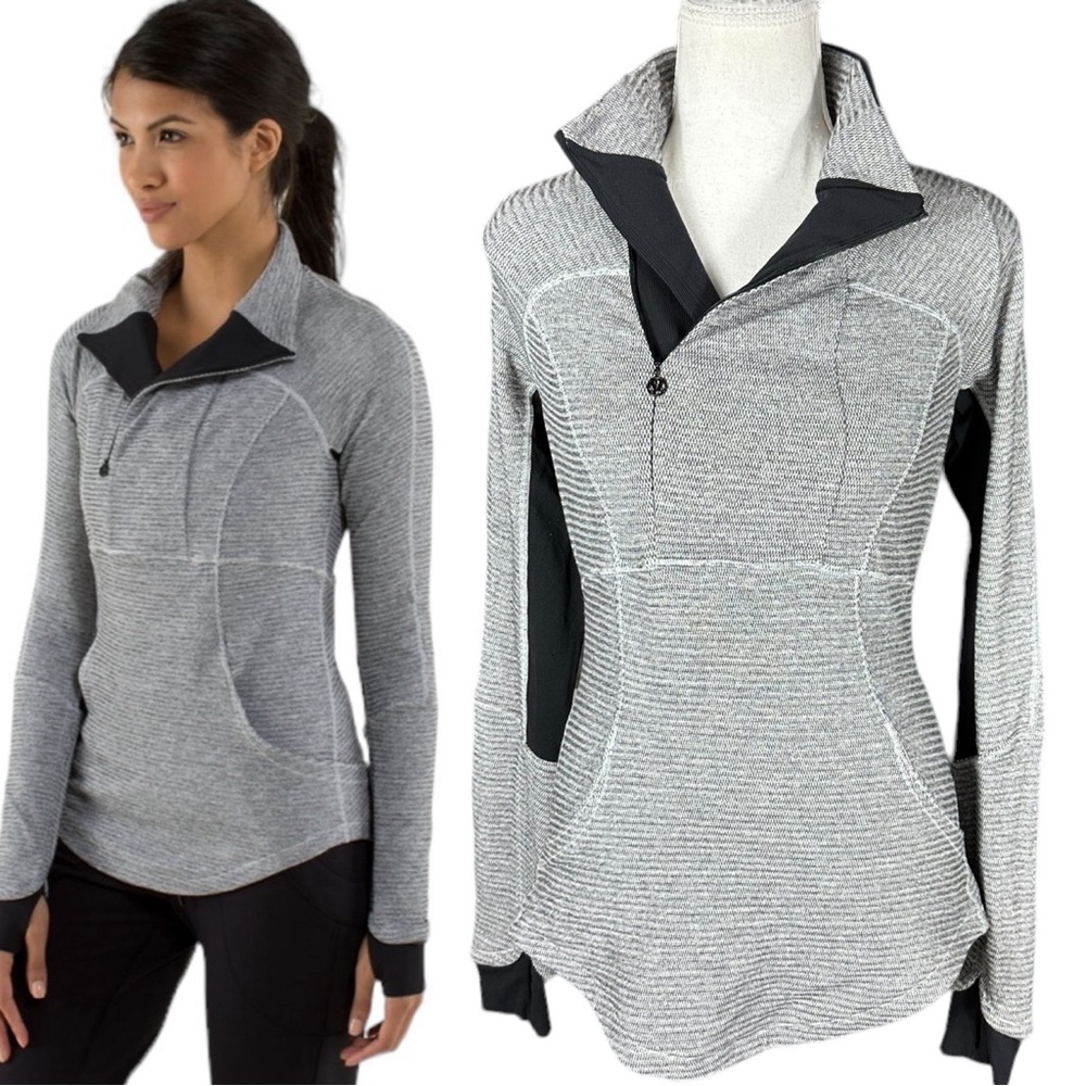LULULEMON: Base Runner 1/2 Zip Mini Check Pique Heathered Black White -Size 4